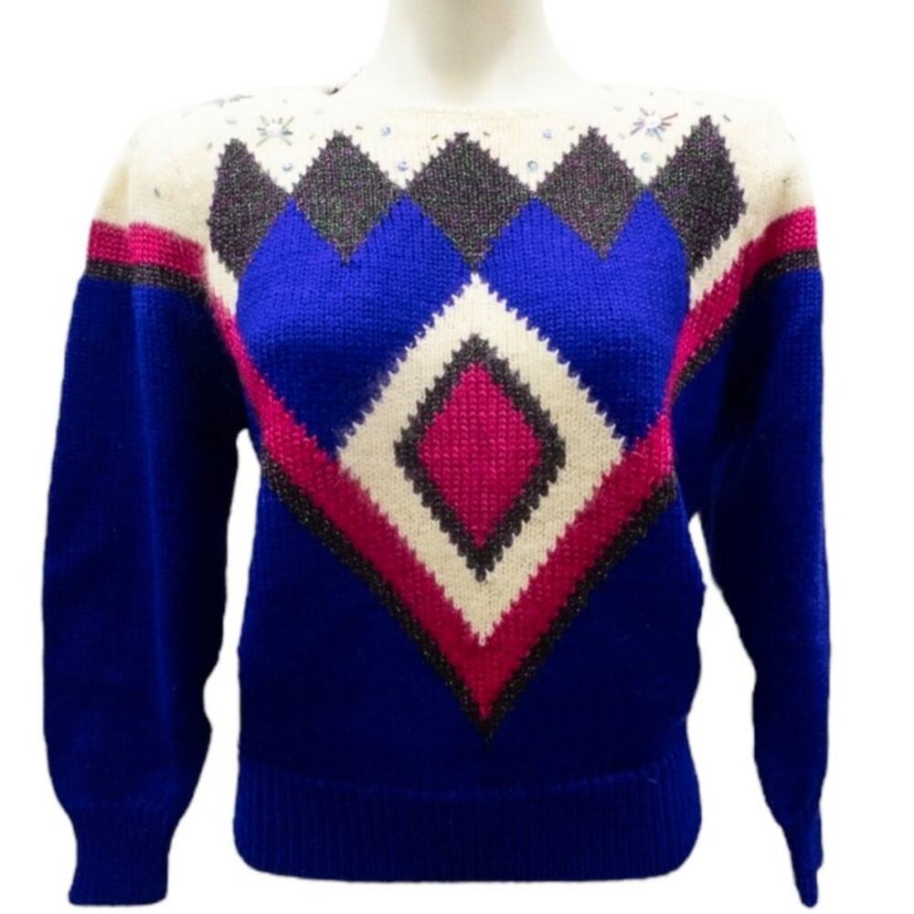 Jaclyn Smith Angora Blend Vintage 80s Fuchsia Beaded Geometric Sweater Womens L